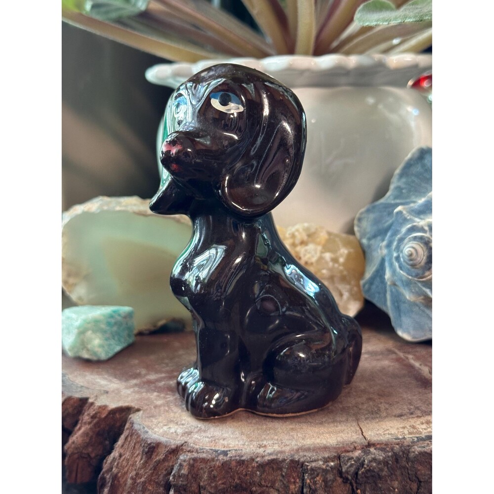 Vintage Brown Glazed Hound Dog Figurine Hand Painted Redware Pottery Folk Art Pu